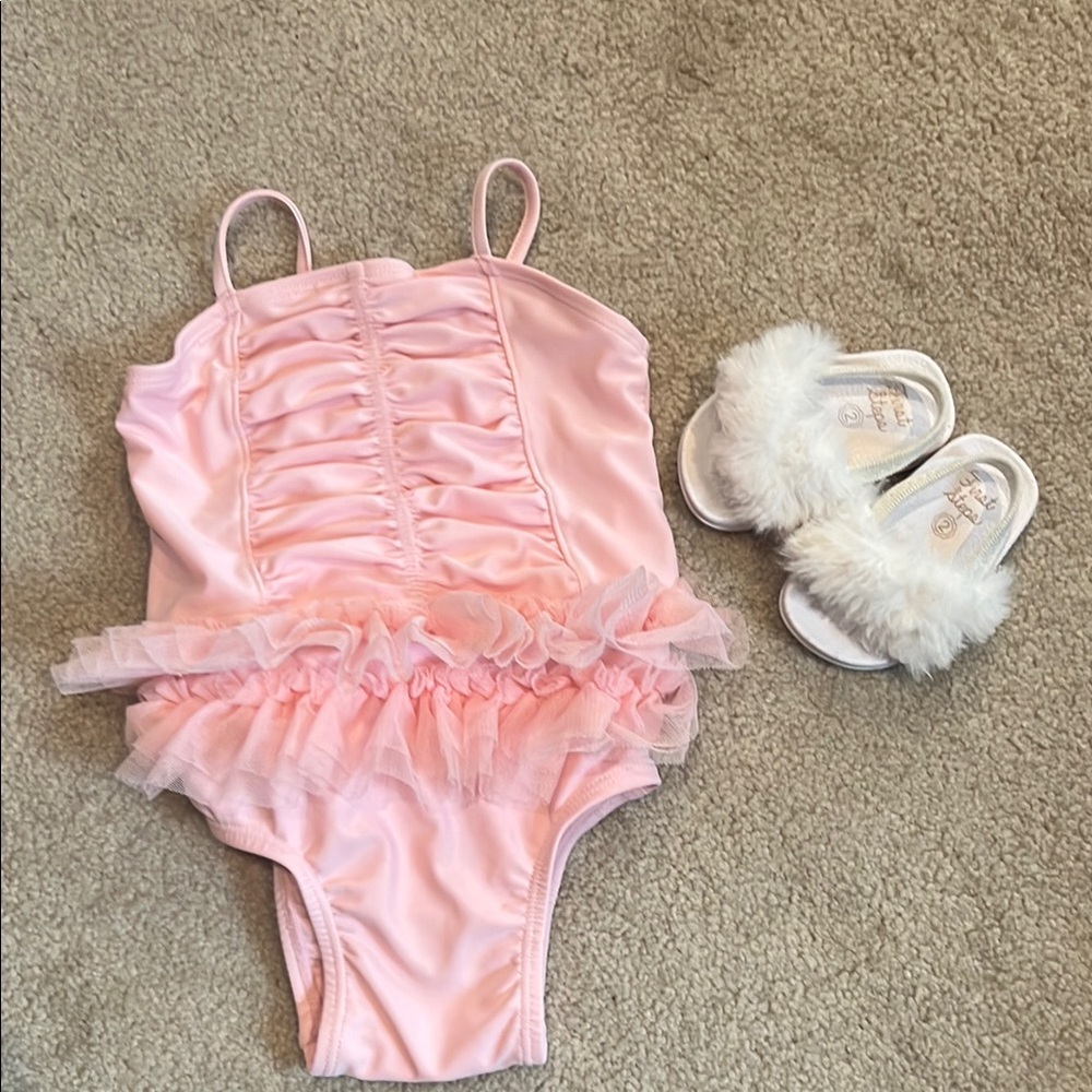 Pink Ruffled Little Girls One Piece Swimsuit